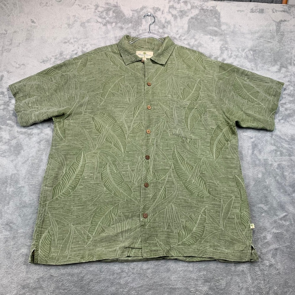 Tropical Palm Leaf Silk Button Shirt Green Jacquard Resort Cruise Wear XL